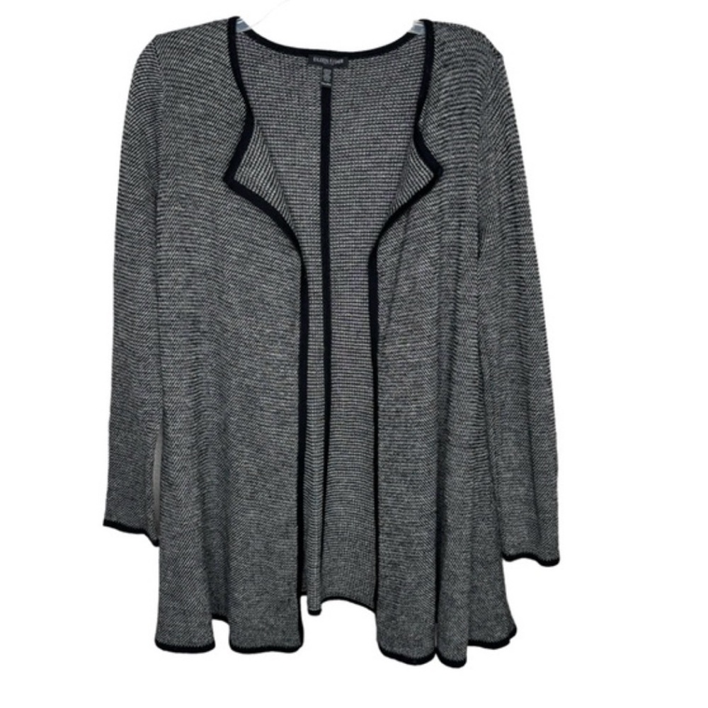 Eileen Fisher Open-Front Cardigan Black and White Marled Wool Blend Small Petite